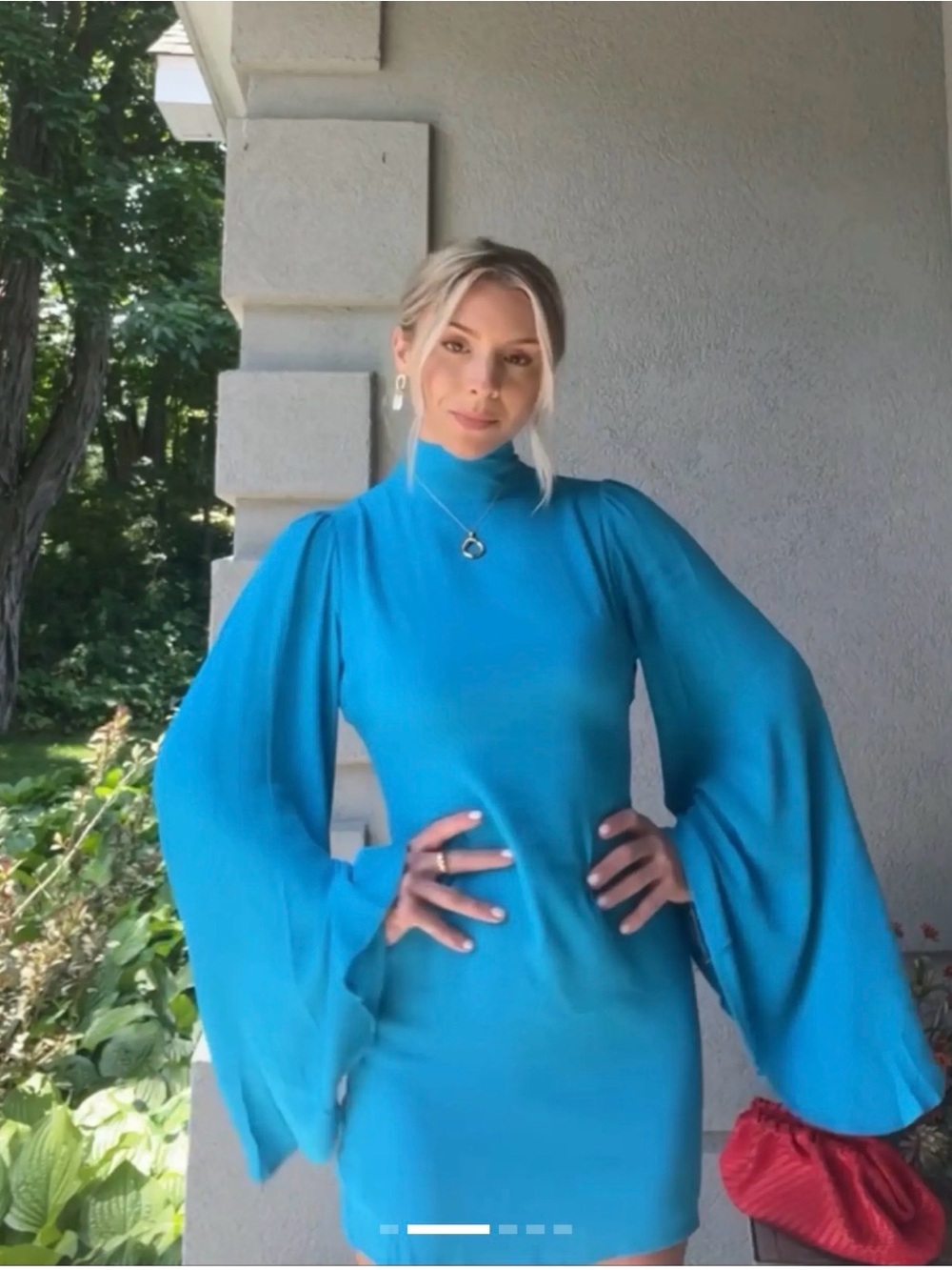 High-Neck Mini Dress in Bright Turquoise with Statement Sleeves